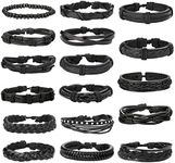 Jstyle 17Pcs Braided Leather Bracelet for Men Women Wooden Beaded Cuff Wrap Bracelet Adjustable, 10 inch, Leather Wood