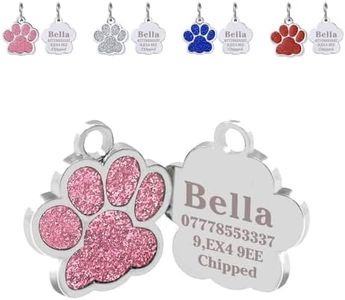 Personalised Cat Tags | Dog Tags for Pets Engraved UK | Pet ID Tags for Dogs & Cats | Glitter Paw Print Stainless Steel Cat Name Tag | Doggy Cat Kitten Kitty Puppy Tag | 4 Colours 25mm (Pink)