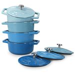 Navaris Cast Iron Round Cocottes (Set of 4) - 10.5cm Mini Cocotte Casserole Dishes with Enamel Coat, 290ml - 4 Shades of Blue