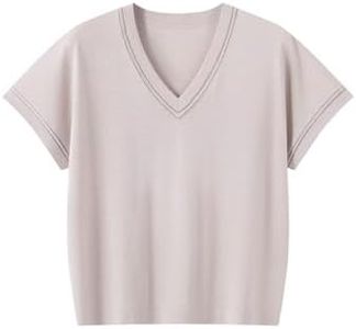 Serathinan Luxury Wool Silk Blend Women's V-Neck Pullover Ribbed Short Sleeve High End Knitted Sweater Clothing, BY3611520 (US, Alpha, Small, Regular, Regular, Warm Beige)
