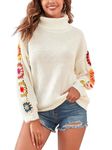 ZAFUL Women's Turtleneck Pullover Drop Shoulder Short Pullover Sweater, Flower-white, M