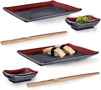 Happy Sales HSSS-BLKRED, Japanese Style 6 Piece Perfect Sushi Set for Two Ceramic Sushi Plates, Sauce Dishes, and Chopsticks Dinnerware Set, Black & Red Edges