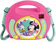 Lexibook Disney Junior Minnie Mouse CD player for kids with 2 toy microphones, headphones jack, with batteries, pink, RCDK100MN