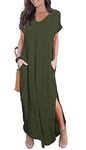 GRECERELLE Women Maxi Long Dress Summer Casual Beach Boho Short Sleeve V Neck Maxi Dresses with Pocket (Army Green, XL)