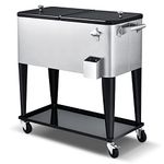 COSTWAY 80-Quart Rolling Ice Chest, Stainless Steel Beverage Cooler Cart with Shelf, Wheels, Bottle Opener & Drainage Hole, Bar Party Drink Ice Bucket Trolley, 72H Insulation(Silver)