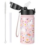 OLDLEY 420ml/14oz Kids Stainless Steel Insulated Water Bottle with Straw for School Reusable Metal Vacuum Small Flask Leakproof Keep Drinks Hot Cold for Boys Girls Toddlers Children (Unicorn, 420ml)