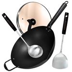 Seraphize Wok with Lid 34cm | Nitriding Technology Carbon Steel Frying Pan with Spoon, Spatula & Pan Lid, Frying Pan with Lid, Induction Hob Wok, Beach Wooden Handle, Stainless Steel Wok(34cm)