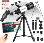 NACATIN Telescope for Kids & Adults, 70mm Aperture 300mm Portable Refractor Telescope with 3 Eyepieces & Christmas Stickers - Complete Kit with Phone Adapter, Wireless Remote & Moon Filter, White