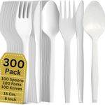 HITHIKA 300 Premium White Reusable Cutlery Set - 100 Spoon, 100 Fork, 100 Knife - Reusable & Washable, Heavy Duty Cutlery, 6" Long Tablespoon - Ideal for Birthday, Parties, Camping, Catering