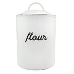 AuldHome Enamelware White Flour Canister; Rustic Distressed Style Staples Storage for Kitchen