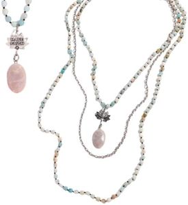 Katia Designs Long chain Fusion Amazonite Beaded Necklace – 60" Fusion Chain with Lotus Pendant & Faceted Peach Quartz – “Have Faith” Inscription – Boho Jewelry with Quick-Connect Clasp, Nickel-Free (Silver)