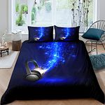 Music Headset Duvet Cover Super King For Boys Kids Teens,Musical Notes Bedding Set Rock Hip Hop Music Theme Comforter Cover Hippie Hipster Headphone Blue Quilt Cover 3 Piece