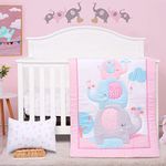 JISEN 3 Piece Crib Bedding Set Crib Quilt Crib Sheet Pillowcase - Soft Microfiber Printed Nursery Set for Baby Boys or Girls Pink Elephant