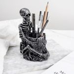 Skull Pen Pencil Holder Skeleton Key Holder Makeup Brush Holder Home Office Desk Supplies Organizer Accessory（Silver-Plated）