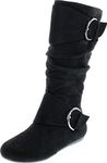 Forever Link Klein-70 Women's Closed Round Toe Buckle Slouch Flat Heel Mid-Calf Boot,Black,6.5