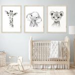 Safari Nursery Wall Art Decor Baby Animal Canvas Wall Art Baby Room Nursery Pictures Kids Artwork Safari Jungle Animal Prints Giraffe Elephant Tiger Painting Set of 3 for Bedroom 12x16 Inch Unframed