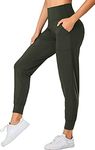 Oalka Women's Joggers High Waist Yoga Pockets Sweatpants Sport Workout Pants, Dark Olive, Medium