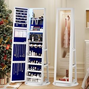 HWB White Mirror Jewelry Cabinet with Storage, Full-Length Mirror w/360° Swivel & LED Lights, Lockable Jewelry Armoire with Rear Shelves, Standing Jewelry Organizer