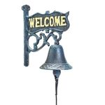 Sungmor Heavy Duty Cast Iron Wall Hanging Bell Welcome Sign - Decorative Vintage Green Flower Vine Manually Shaking Doorbell - Indoor Outdoor Wall Mounted Dinner Bell - Garden Home Wall Art Decoration