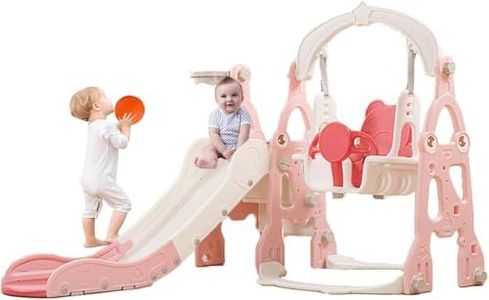 Aerlife Kids Slide and Swing Set, 4 in 1 Toddler Slide Playset with Adjustable Swing w/Safety Belt, Basketball Hoop & Ball, Extra Long Slides for Kids Indoor Outdoor Playground Backyard(Pink)