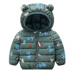 Infant Boy Hoodie Puffer Jacket Cute Dinosaur Cotton Coats Winter Windproof Snowsuits Warm Outerwear Green