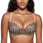 DOBREVA Women's Push Up Bra Plunge Wireless Comfortable T Shirt Padded Bras Natural Leopard 32C