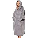 Sienna Extra Long Oversized Blanket Hoodie Wearable Throw with Pockets Sleeves Soft Sherpa Fleece Wearable Throw Giant Sweatshirt, Charcoal Grey