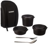 Amazon Brand - Solimo Stainless Steel Microwave Safe Lunch Box Set of 5 | 3 Containers (470ml, 330ml, 230ml) with Cutlery | 100% Food Grade | Easy to Clean | for Office, School, Travelling (Black)