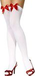 LABASA® Ladies Thigh High Hold-Ups Stockings with Coloured Satin Bows Christmas Parties Valentine's Day Fashion Thigh High Stockings Over The Knee Party Wear (White With Red Bows)