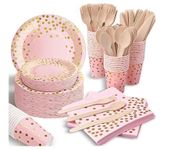 350 Pcs Pink and Gold Party Supplies, Disposable Dinnerware Set - Paper Plates Napkins Cups Plastic Forks Knives Spoons for Birthday Baby Bridal Shower Wedding Graduation, Severs 50