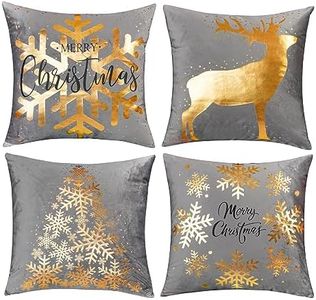 ONWAY Gray Gold Christmas Decorations Throw Pillow Covers 18x18 Set of 4 Snowflakes Reindeer Decorative Cushion Cases Xmas Golden Decor for Couch Sofa Bedroom