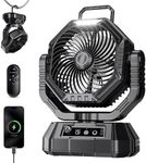 AJVV Camping Fan, 20000mAh Rechargeable Battery Fan with Stepless Wind Speed, Rechargeable Personal Desk USB with Hanging Hook/Light, for Home Outdoor Travel Fishing - Black