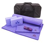 Clever Yoga Set Kit 7 Piece Essentials Beginners Bundle Including Ultra Thick Mat, 2 Blocks, 8 Foot Yoga Strap, Hand Towel and Large Towel and Carrying Bag (Purple)