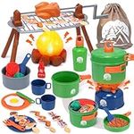 CUTE STONE Kids Camping Toys W/ Light & Sound Effects, Campfire Toy, Storage Bag, Camp Gear Tools, BBQ Grill Set W/ Play Food, Gas Stove, Indoor Outdoor Kitchen Cooking Playset Gifts for Boys & Girls