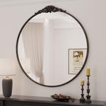 Keonjinn Round 28" x 28" Antique Mirror, Circle Vintage Black Mirror with Metal Frame, Decorative Vintage Mirrors for Wall, Ornate Circle Art Deco Mirror for Hallway, Fireplace, French Cleat Mounting