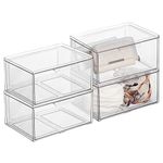 mDesign Plastic Wide Stackable Closet Storage Organizer Bin Containers with Front Pull Drawer for Cabinet, Desk, Shelf, Cupboard, or Dresser Organization - Lumiere Collection - 4 Pack - Clear