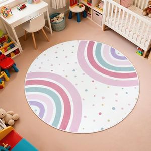 STARUIA Pink Round Rug for Girls, 5 Ft Rainbow Kids Rug for Nursery, Colorful Washable Rug for Bedroom, Non-Slip Circle Time Rugs Soft Polka Carpet for Kids Room Princess Castle
