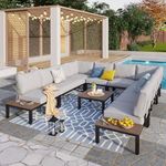 PHI VILLA Metal Patio Furniture Set 9 Piece Modular Modern Outdoor Sectional Sofa for 10 Seating Set Garden with Wrought Iron Coffee Table, Light Grey Cushion