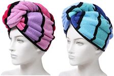 Anller 2 Pack 100% Cotton Hair Towel Wrap, Hair Drying Towel with Button for Women, Dry Hair Hat, Shower Head Towel (red & Blue)