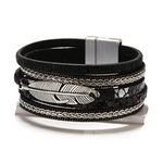 Luluadorn Women Black Multi-Layer Feather Leather Wrap Bracelet Stackable Wristband Braided Cuff Bangle Bracelets Buckle Handmade Jewelry