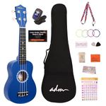 ADM Soprano Ukulele Set for Kids and Beginners, Ukulele Starter Kit with Bag, Clip-On Tuner, Rainbow Strings, Colourful Strap, Plectrum, Fingerboard Sticker, Chord Card (Dark Blue)