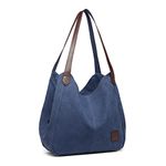 Kono Women Canvas Hobo Shoulder Bag Handbag Ladies Vintage Multiple Pockets Tote Top Handle Bags for Shopping Work School Travel Casual Daily (Navy)