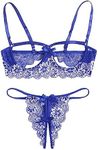 Lilosy Sexy Underwire Floral Lace Sheer Lingerie Set for Women See Through Bra and Panty 2 Piece, Floral Bow Blue, Small