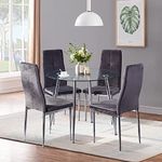 GOLDFAN Modern Chrome Metal Round Glass Dining Table and 4 Stylish Velvet Dining Chairs 5PCS Dining Room Kitchen Table Sets,90CM/Grey