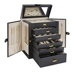 AKOZLIN Large Jewelry Box Organizer 6Tier & Big Mirror PU Leather Lockable Portable Functional Travel Case for Women Girls,Ring Necklace Earring Bracelet Holder,Black 10.6"×6.1"×12.8"