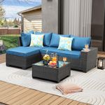 JOYURE 5 Pieces Patio Furniture Set All-Weather Outdoor Wicker Sectional Conversation Sofa Rattan Patio Seating Sofa with Cushion and Glass Table for Porch Poolside,Peacock Blue