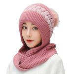 Richmen Women's Knitted Hat Winter Plush Velvet Warm Woolen Cap Neck Scarf | Twist Color Fuzzy Slouchy Beanie Monkey Cap with Muffler for Ski Hiking Outdoor Girls & Ladies (DarkPink)