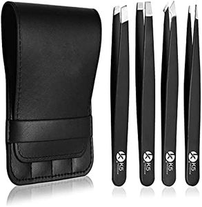 K5 International Eyebrow Tweezers for Women Professional Pointed Slant Precision Tweezer Set Stainless Steel for Ingrown Hair, Plucking, Facial Hair, Splinter with Leather Travel 4pc