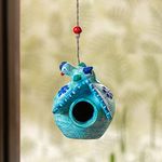 ExclusiveLane 'Snowy Abode' Handmade & Handpainted Terracotta Bird House for Garden Hanging & Bird Houses for Balcony (6 Inches), Light and Dark Blue, (EL-021-204)