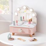 ROBUD Wooden Toddler Vanity, Shell-Shaped Girl Vanity Set with Mirror and 3 Light Modes, Pink Makeup Toy Set for 3+ Year Old Kids